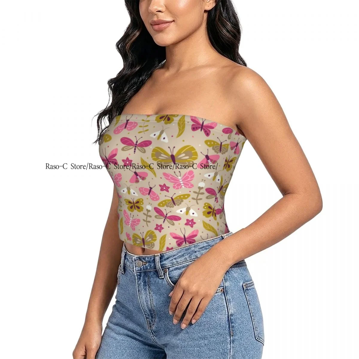 Women's strapless halter top Doodle Butterfly summer sexy short-sleeved top