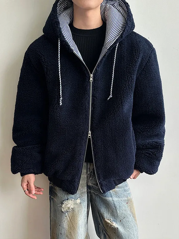 

Мужская зимняя куртка из овечьего вельвета с двойной молнией, утепленная, повседневная, простая, хлопковая, теплая, молодежная, свободного кроя, с капюшоном