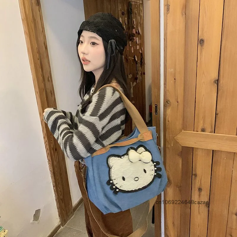 Hello Kitty Kawaii Vintage Canvas Bag New Fashion Large Capacity Millennium Y2K Girl Handbag Korean Style Shoulder Crossbody Bag