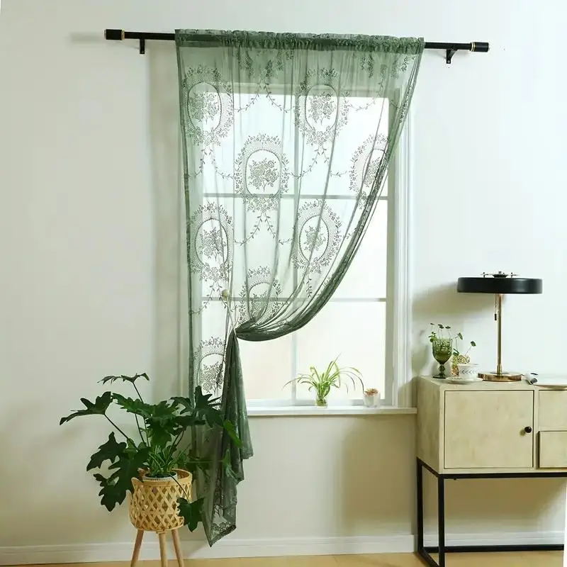 2pcs Floral Embroidered Sheer Curtains Set - Rod Pocket Design for Living Room Bedroom Dining Balcony Decor Mac
