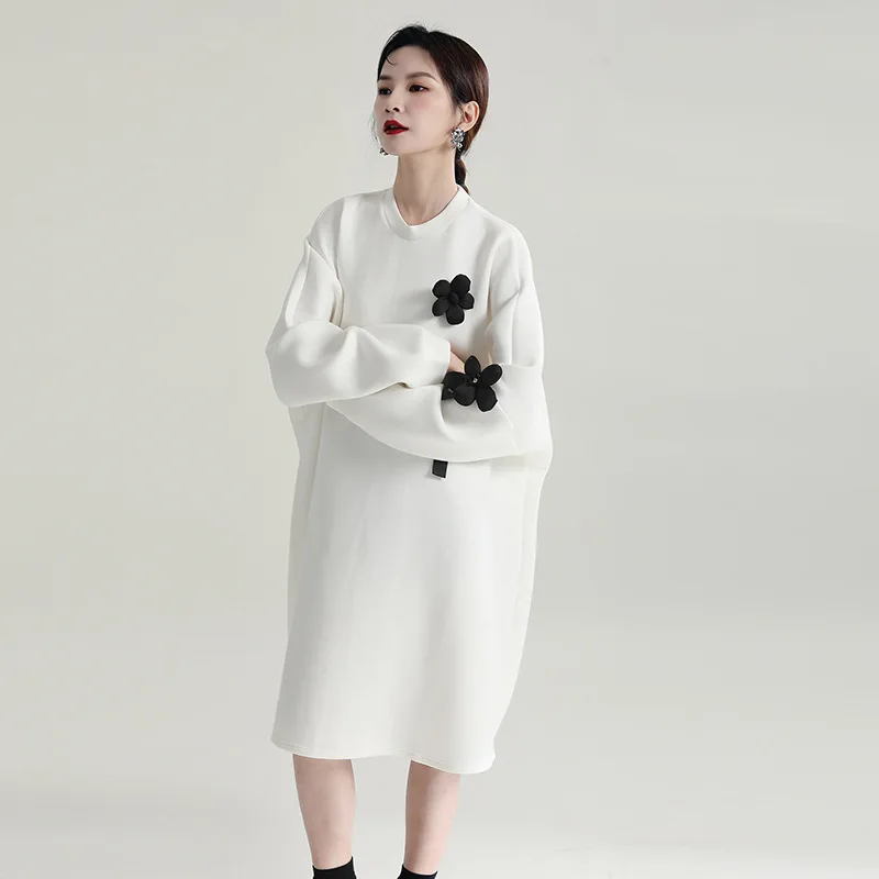 

Sweater Dress for Women Spring Loose Long-sleeved Air Layer Silhouette Black Pullover Street Hipster Peronality Dresses White