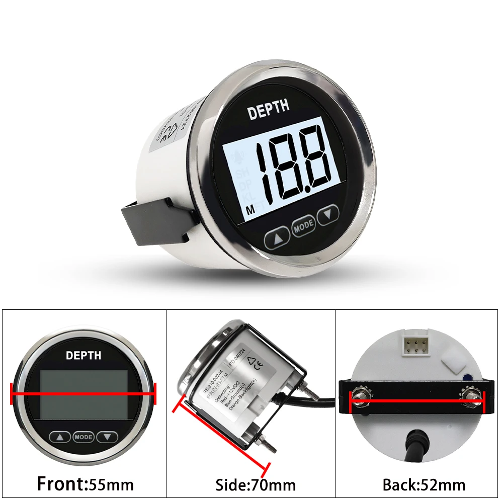 Popular Waterproof 52mm Digital Depth Gauge Indicator with Transducer and White Backlight for Yachts Fishing Boats Ships 12VDC