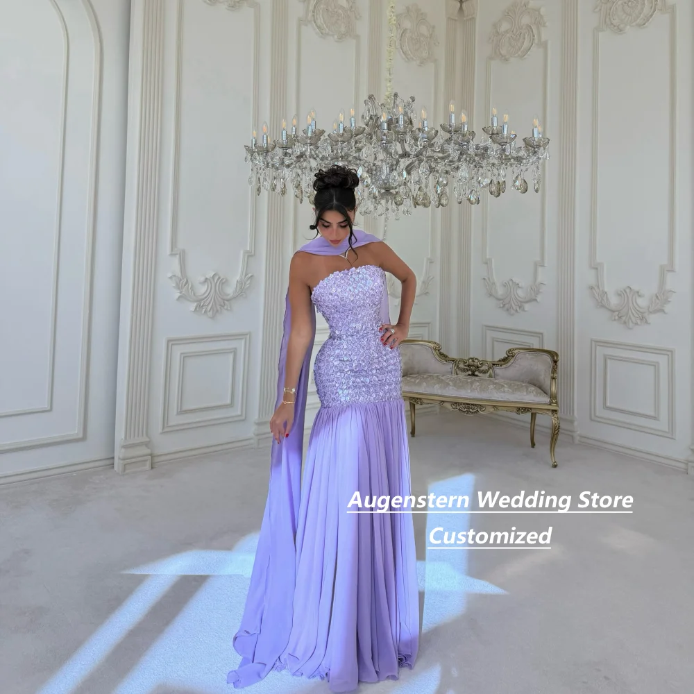 Customized Lavender Chiffon Mother Of The Bride Gown Strapless 3D Sequin Bodice Long Shawl Pleated Flowy Evening Maxi Dress