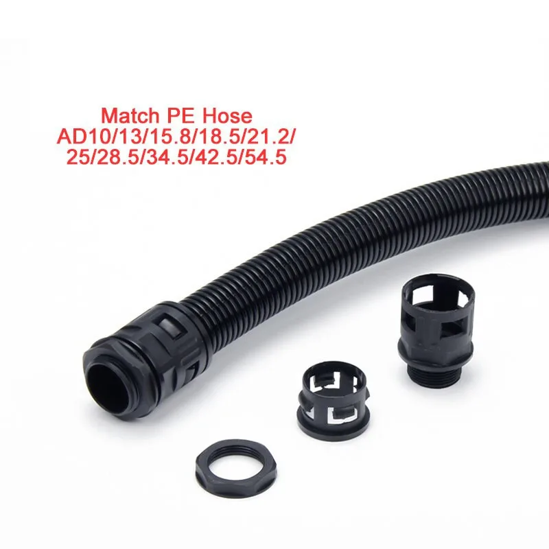 Black Cable Gland Corrugated Pipe Joint AD10/13/15.8/18.5 Plastic Bellows Plug PE Hose AD21.2/25/28.5/34.5/42.5/54.5