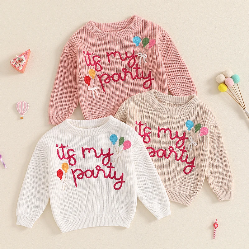 Fashion Autumn Winter Baby Girls Birthday Sweaters Letter Balloon Embroidery Long Sleeve Pullover Knitted Loose Warm Tops