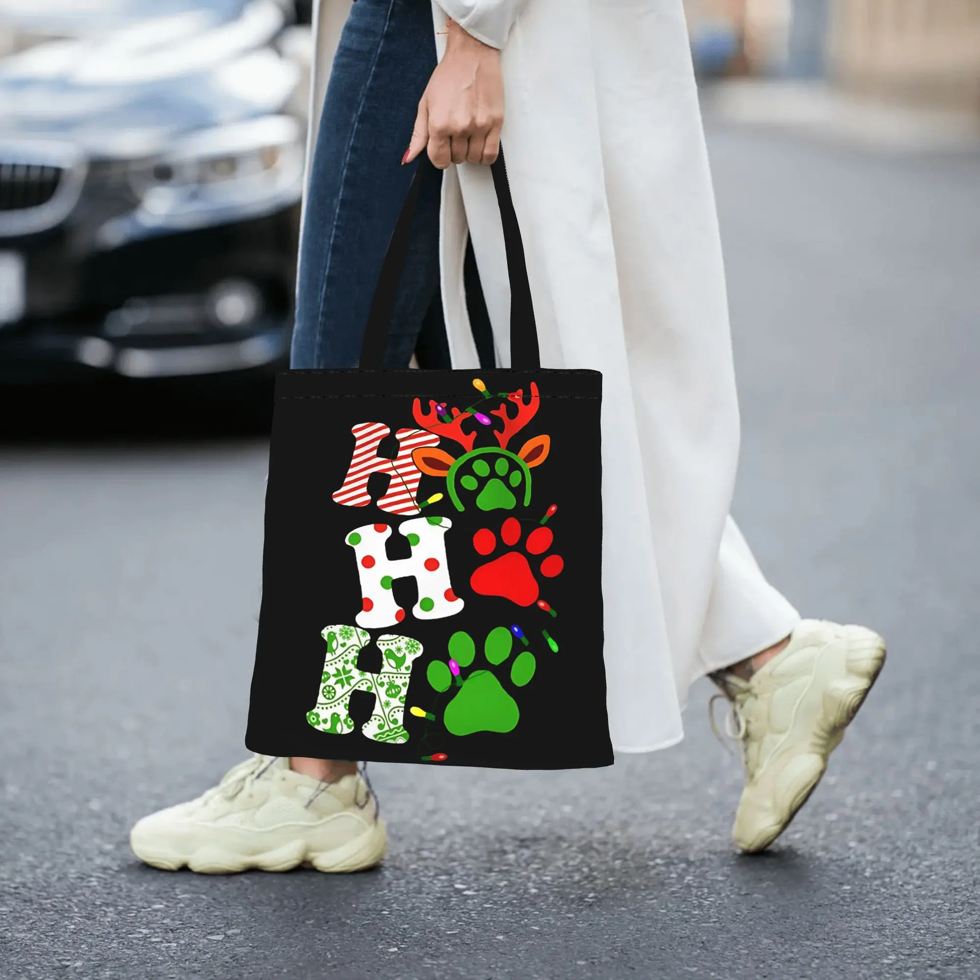 Customized Ho Ho Ho Christmas Paw Dog Women's Bag Campus Handbag Large Capacity  Canvas Tote Bag Foldable Chic Pattern