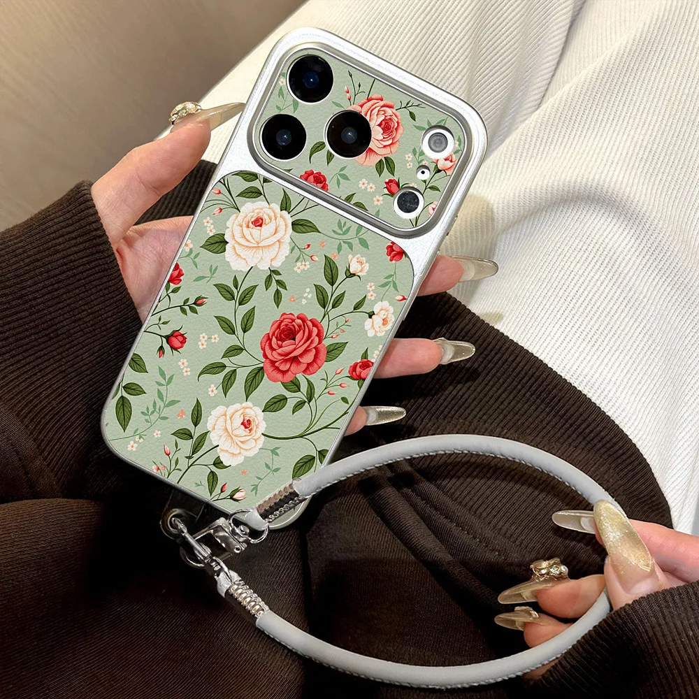Modische Leder-Handyhülle mit Handschlaufe für iPhone 17, iPhone 11, 12, 13, 14, 15, 16, 17 Pro Max Hüllen mit Lanyard und Blumenmuster