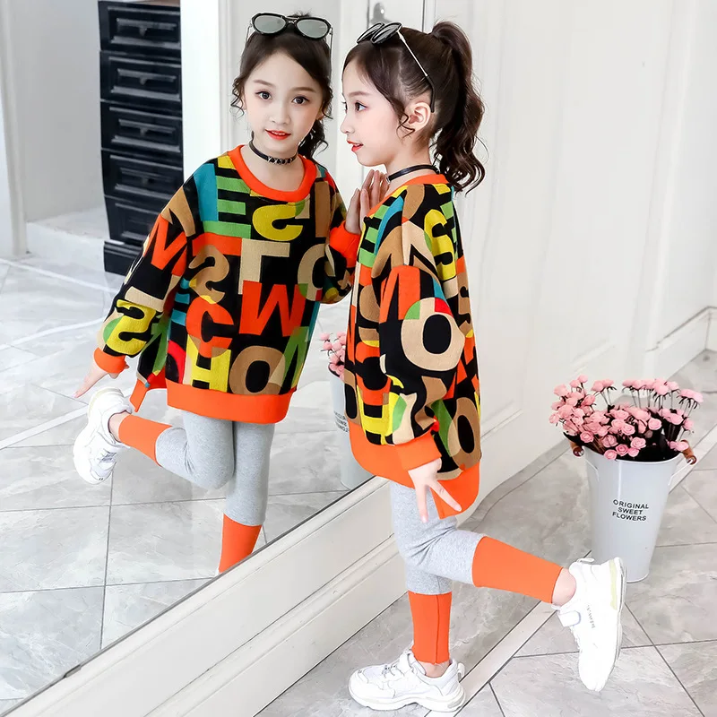 2024 girls clothes autumn winter sweatshirt t-shirt hoodie + stretch pants leggings toddler cotton teens child 8 9 10 11 12 year