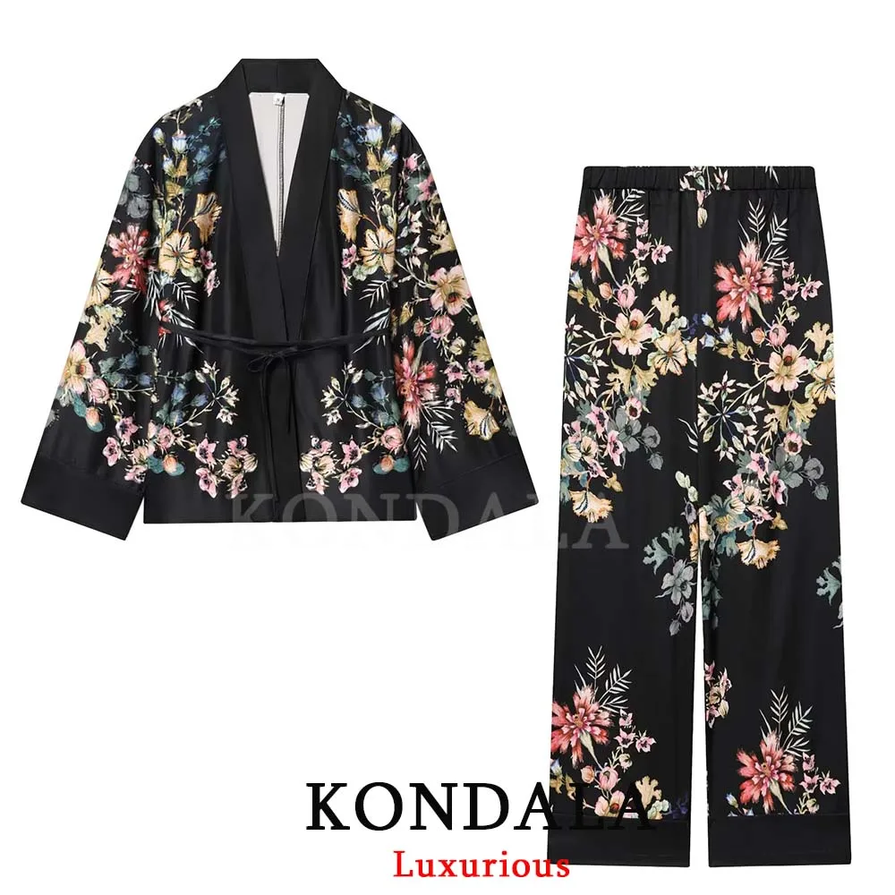 KONDALA Casual Chic Women Print Suit V-Neck Long Sleeve Lace-up Loose Blazer Loose Pants New Fashion 2026 Female Holiday Sets