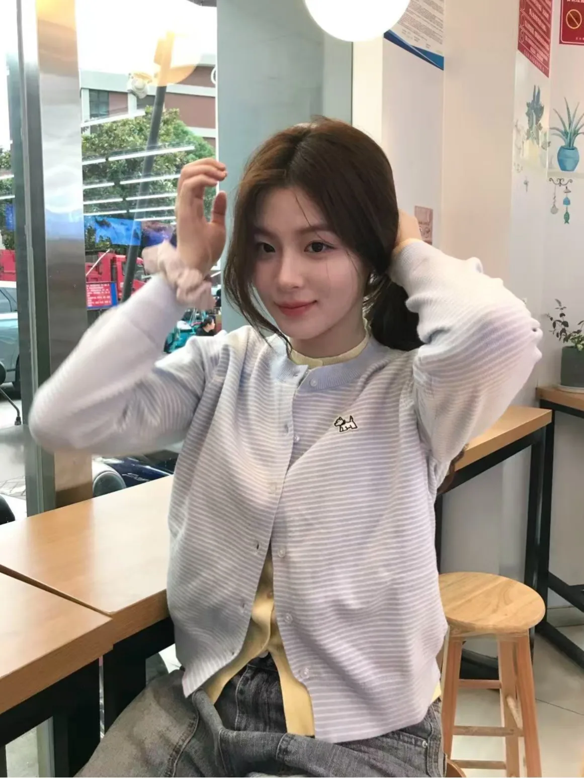 الكورية كلية Sle مخطط متماسكة سترة المرأة الخريف الشتاء لينة مريحة وهمية قطعتين طويلة Sve جولة Ne ملابس خارجية دافئة