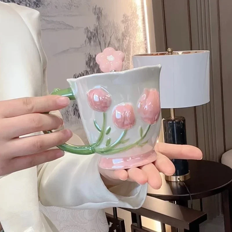 Creative Pearl Color Tulip Pattern Water Cup, Ceramic Household Office Items, Porcelain Bring A Spoon Mug, Coffee Milk Cups, 1Pc