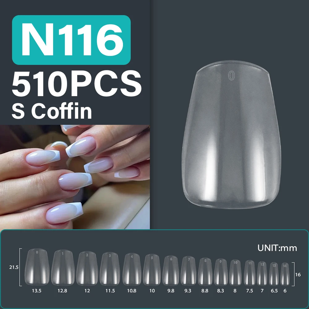 510Pcs/bag Full Cover Press On Nail Tips Almond Square Coffin Fake Nails Tips Nail Gel X Tip For Nail Extension Tips Capsule