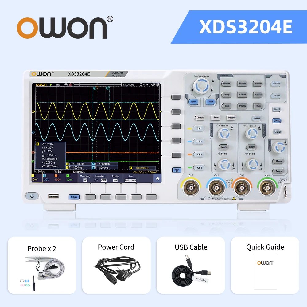 OWON XDS3202E 8-bits digitale oscilloscoop met dubbele kanaal, 200MHz, 1GS/s, 40M opnamelengte, 56.000 Wfms/s, 8 inch, 2+1 externe opties