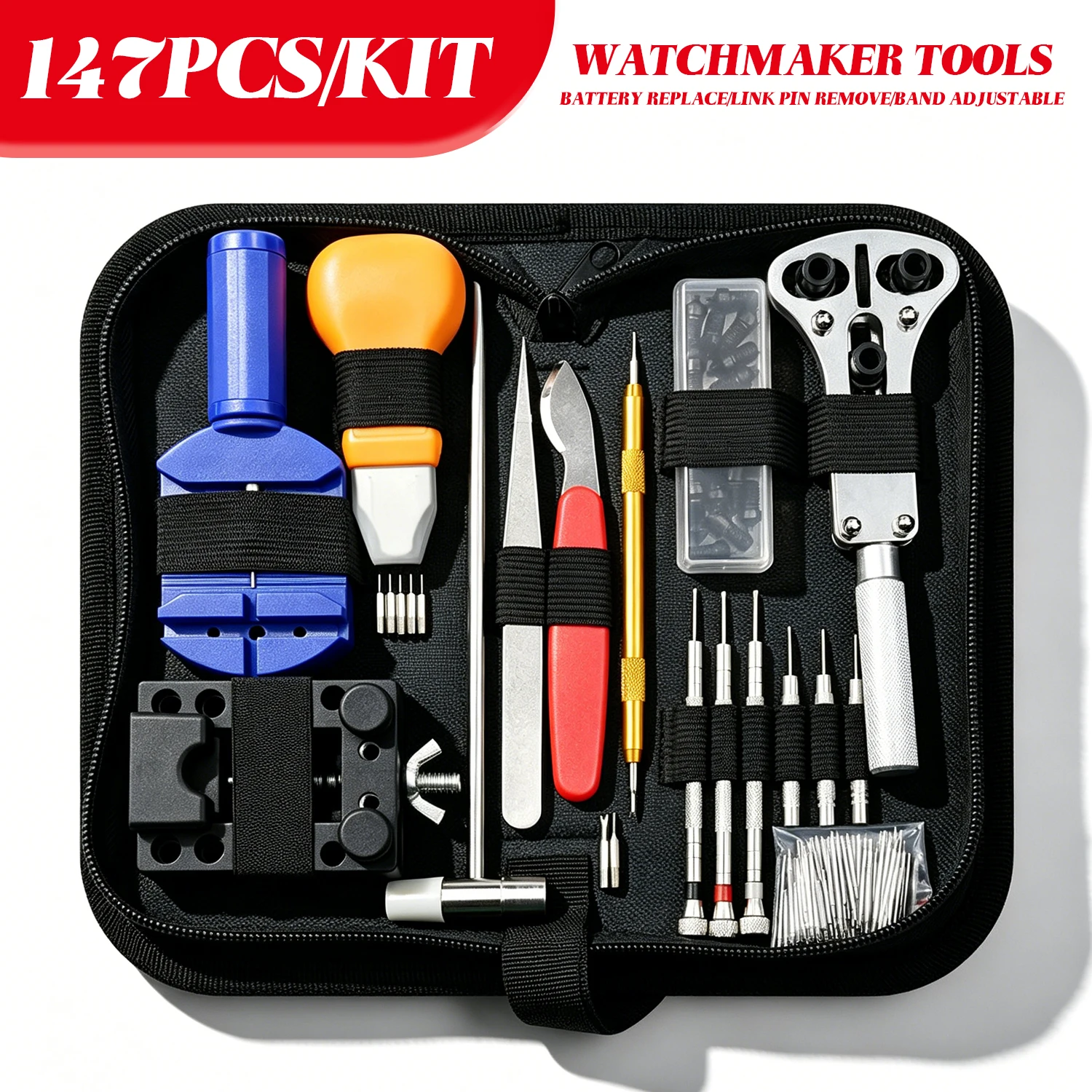 147pcs Watch Repair Tool Kit Watch Link Pin Remover Shell Opener Spring Bar Remover Clock Battery Replacement Strap Needle Set