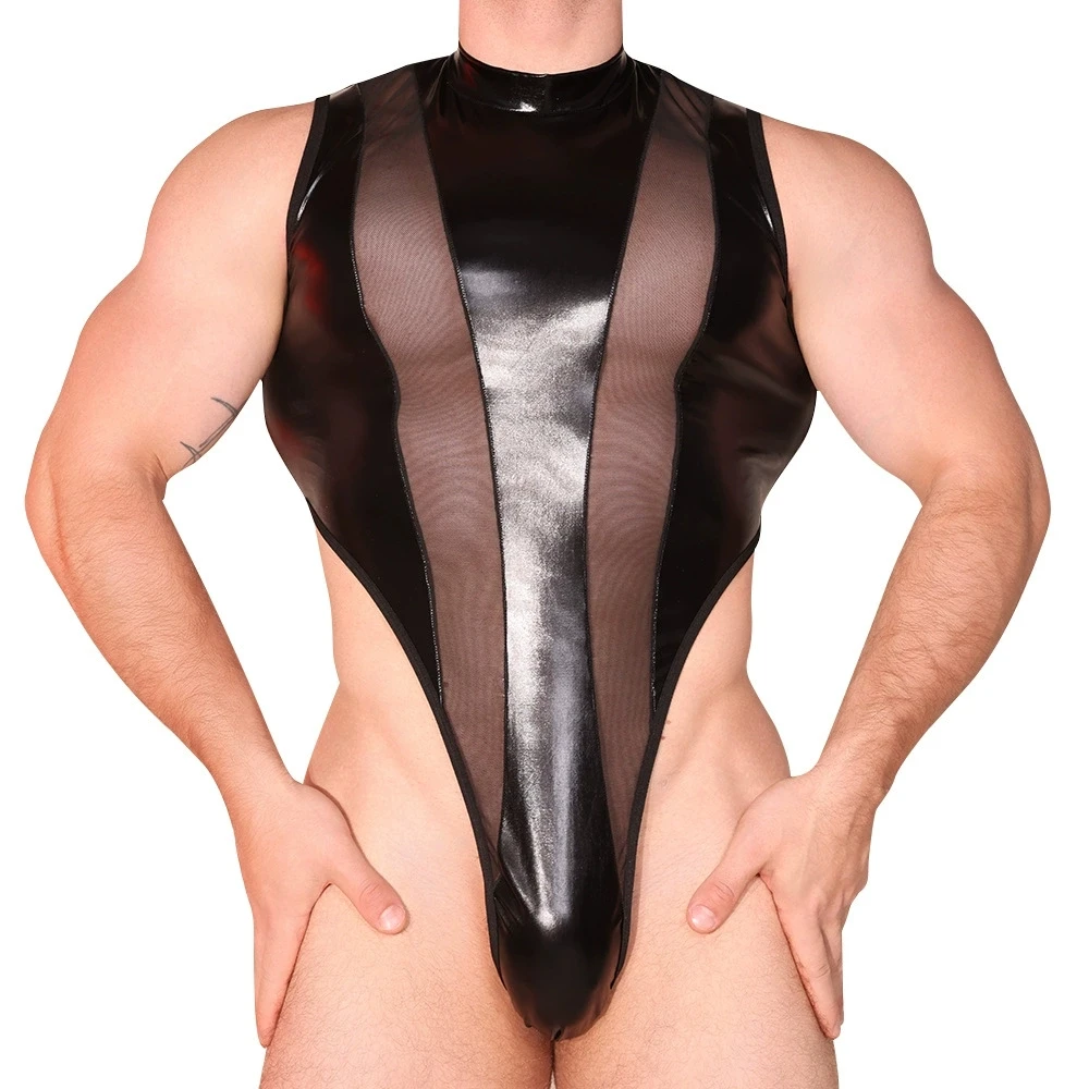 

Мужское боди из искусственной сетки в стиле пэчворк, топы, сексуальные модные моделирующие колготки без рукавов с промежностью, комбинезоны, экзотический мужской комбинезон Allure