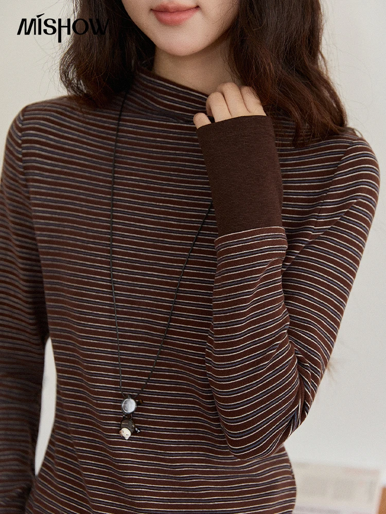 MISHOW الياقة المدورة المرأة متماسكة أعلى 2025 الخريف الرجعية مخطط سليم صالح طويلة الأكمام أعلى لينة الدافئة الكفة الربط البلوز MXE87Z2686 #4