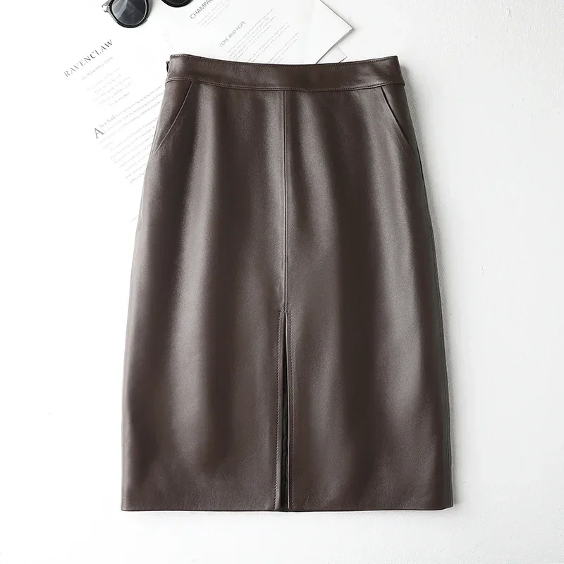 Genuine Sheepskin Leather Skirt Korean Style High Waist Black Skirt OL Real Leather Women Skirts Split Wrap Skirt Streetwear SGG