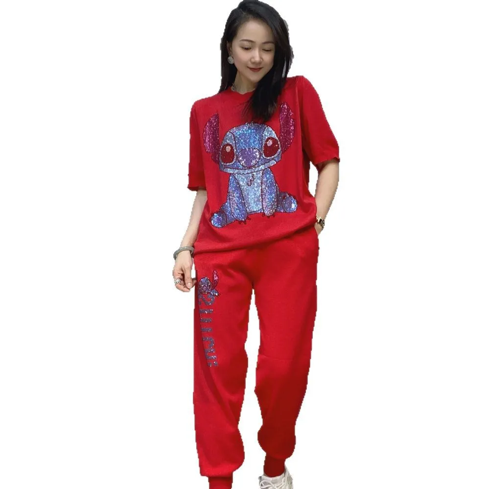 Fashion Knitted Round Neck Short Sleeve Top and Long Pants Casual Set for Women Spring Summer Rhinestone Two-Piece Sets