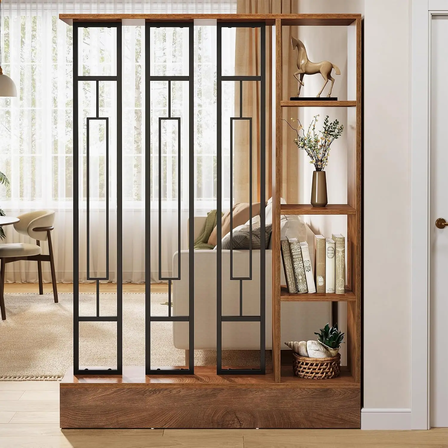 Freestanding Room Divider Shelves 71 Inch Wood Metal Storage Display Partition For Bedroom Living Room Separation
