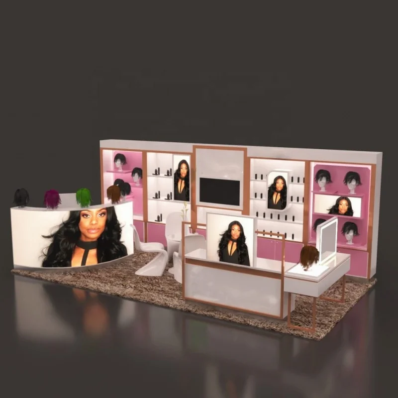 Muebles de peluquería personalizados, estante de exhibición de tienda de pelucas, extensión de cabello, gabinete de exhibición de cabello humano con LED, venta al por menor