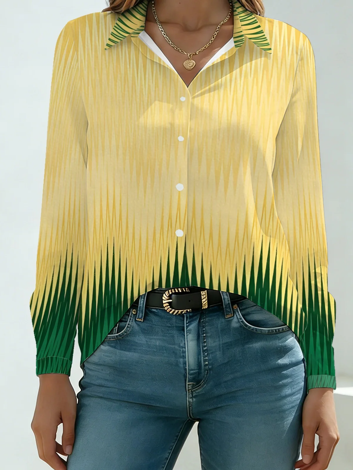 Minimal Tropical Frond Womens Collared Shirt Pale Yellow Deep Green Ombre Spiky Vertical Palm Line Allover Print Long Sleeve Str