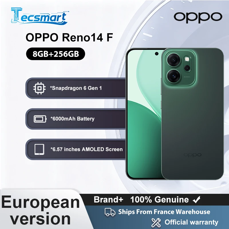 Smartphone - OPPO Reno14 F 5G, 8 GB + 256 GB groen, EU-versie, 6,57 inch 120 Hz AMOLED-scherm, Snapdragon 6 Gen 1, 6000 mAh, 50 MP camera, eSIM, Wi-Fi 5, NFC, GPS, GLONASS, Bluetooth 5.1