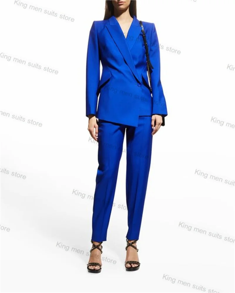 Cotton Women Suits Pants Set Sexy Blue Blazer+Trousers 2 Pieces Formal Office Lady Coat Outfit Tailored Jacket Prom Dress