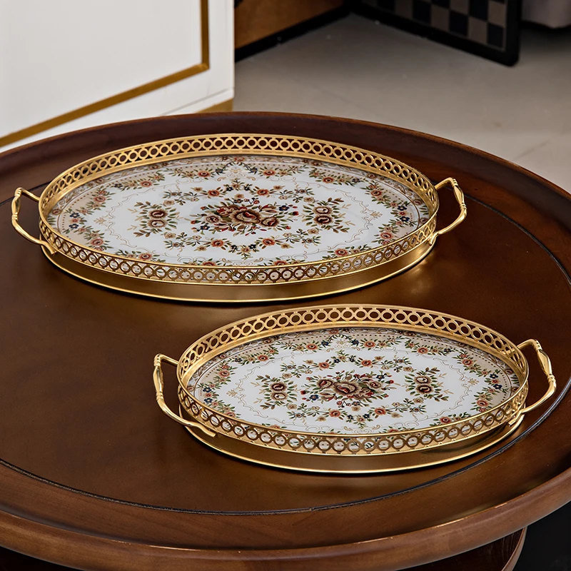Brass tray, elegant fruit dry goods service tray, living room luxury cup snack rack, storage tray with handle
