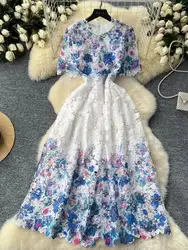 Quality Hollow Out Lace Embroidery Prom Dress Women Short Sleeve Slim High Waist French Vintage Floral Midi Party Vestidos