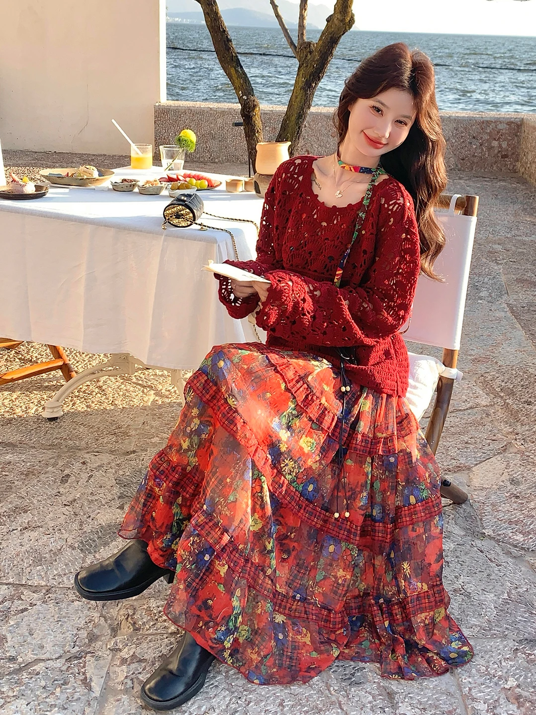 

Attractive Floral Print Halter Dress And Knitted Sweater Set for Women Spring Autumn Chic Two-Piece Suit High Waist Long Sleeve