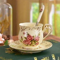 Luxury Ceramic england style flower Coffee Cup Sauce Set Bone China  Breakfast Afternoon Flower Tea Cup with spoon