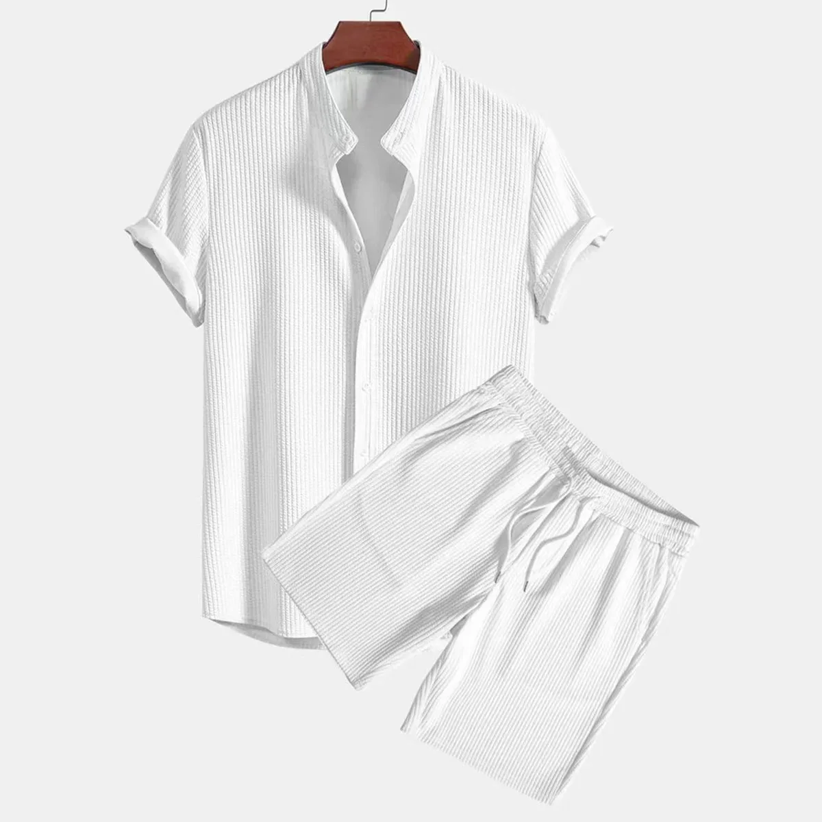 Mens Casual Waffle Shirt Suit Two Piece Solid Short Sleeved Shirt And Shorts Suit Harajuku Casual T-Shirt And Shorts Set