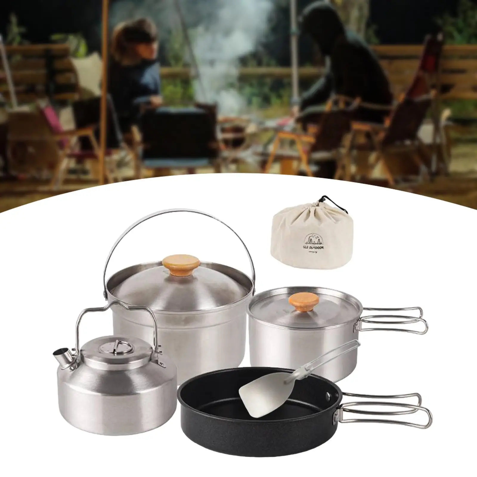 Camping Cookware Stainless Steel Pot Frying Pan Kettle Cookset with Storage Bag Camping Cooking Set for Kitchen Picnic Dinner