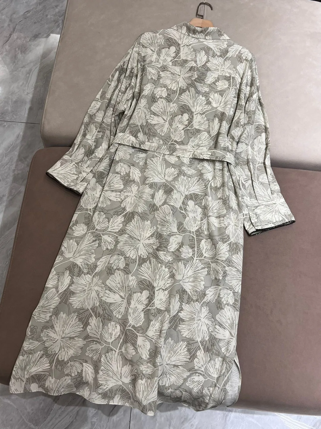 Spring summer high quality ginkgo print silk dress