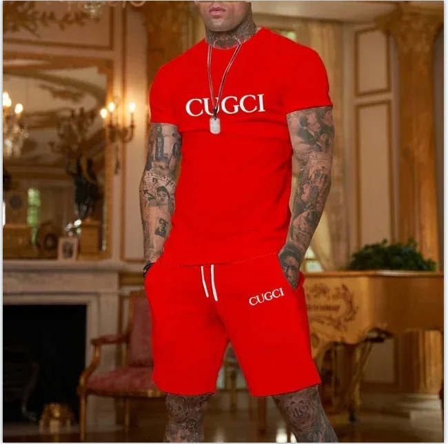 الصيف الترفيه الرجال بدلة رياضية المشي لمسافات طويلة في الهواء الطلق الركض الرجال قصيرة الأكمام تنفس تي شيرت + السراويل قطعتين مجموعة #2