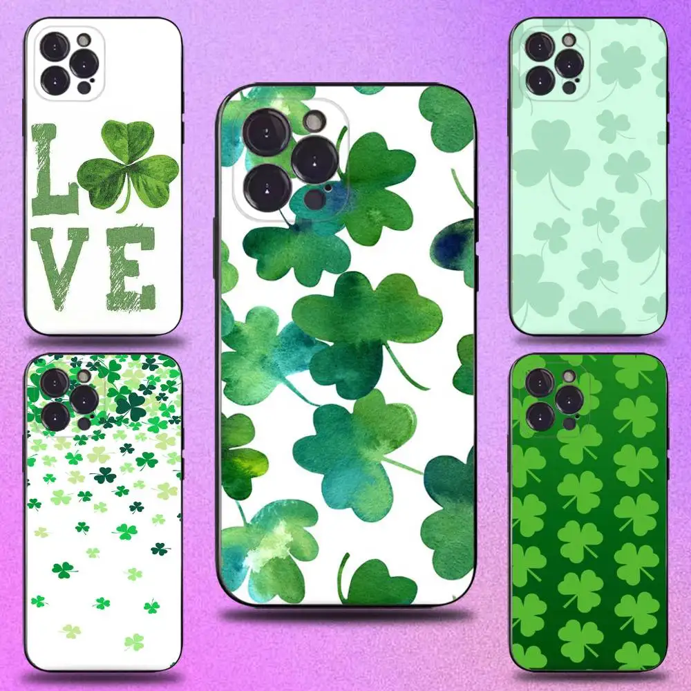 

Four Leaf Clover Phone Case For iPhone 16,15,14,13,12,11 Plus,Pro Max,XS,X,XR,SE,Mini,8,7,Soft Silicone Black Cover