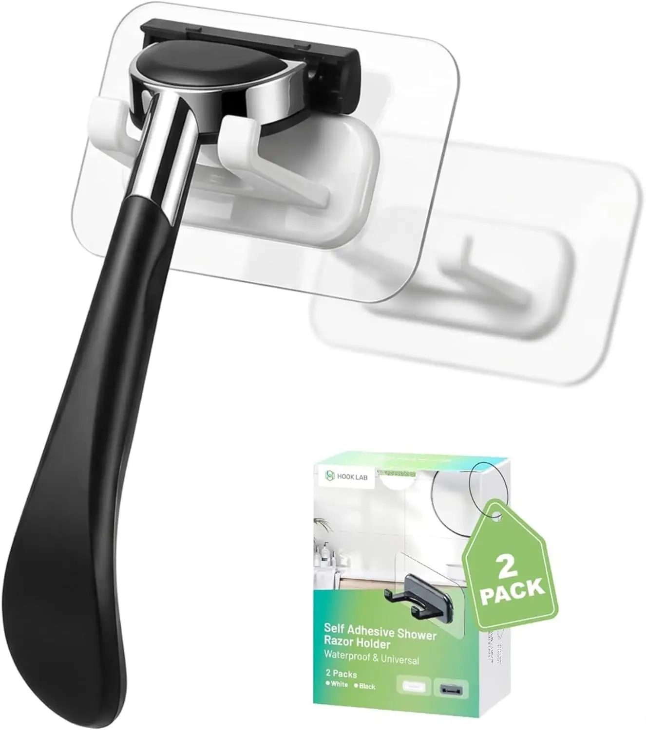 

Shower Razor Holder with Strong Adhesive, 2-Pack Reusable No-Drill Hooks for Bathroom, Towels & Accessories - Works on Tile