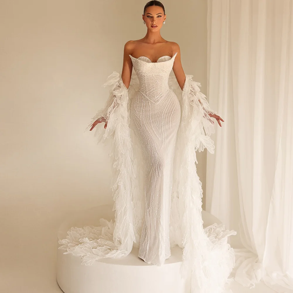 Elegant Strapless Sleeveless Wedding Dress with Shawl Dreamy Mermaid Robe de mariée Beading Organza Customized