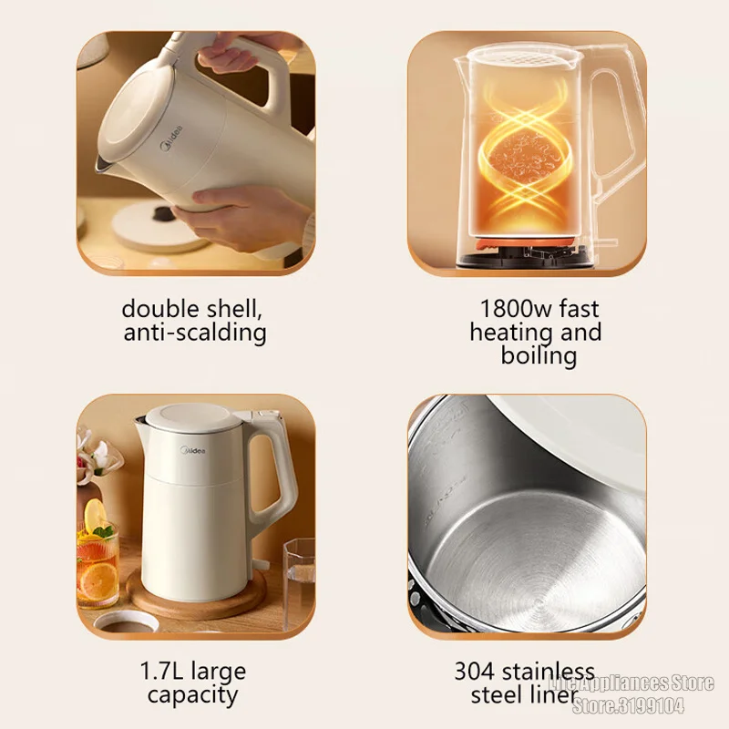 Midea Electric Kettle 1.7L Household Fast Heating Boiling Water Boiler 304 Stainless Steel Anti-scald Teapot Kettle MK-SHM1702