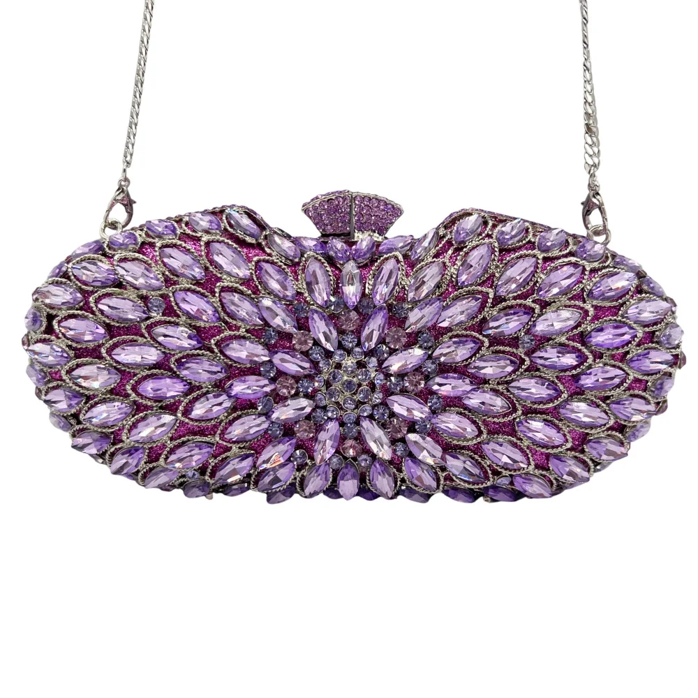 

Luxury violet Crystal Purse Stones Evening Clutch Bag Women Metal Box Minaudiere Wedding Party Diamond Handbag Bag