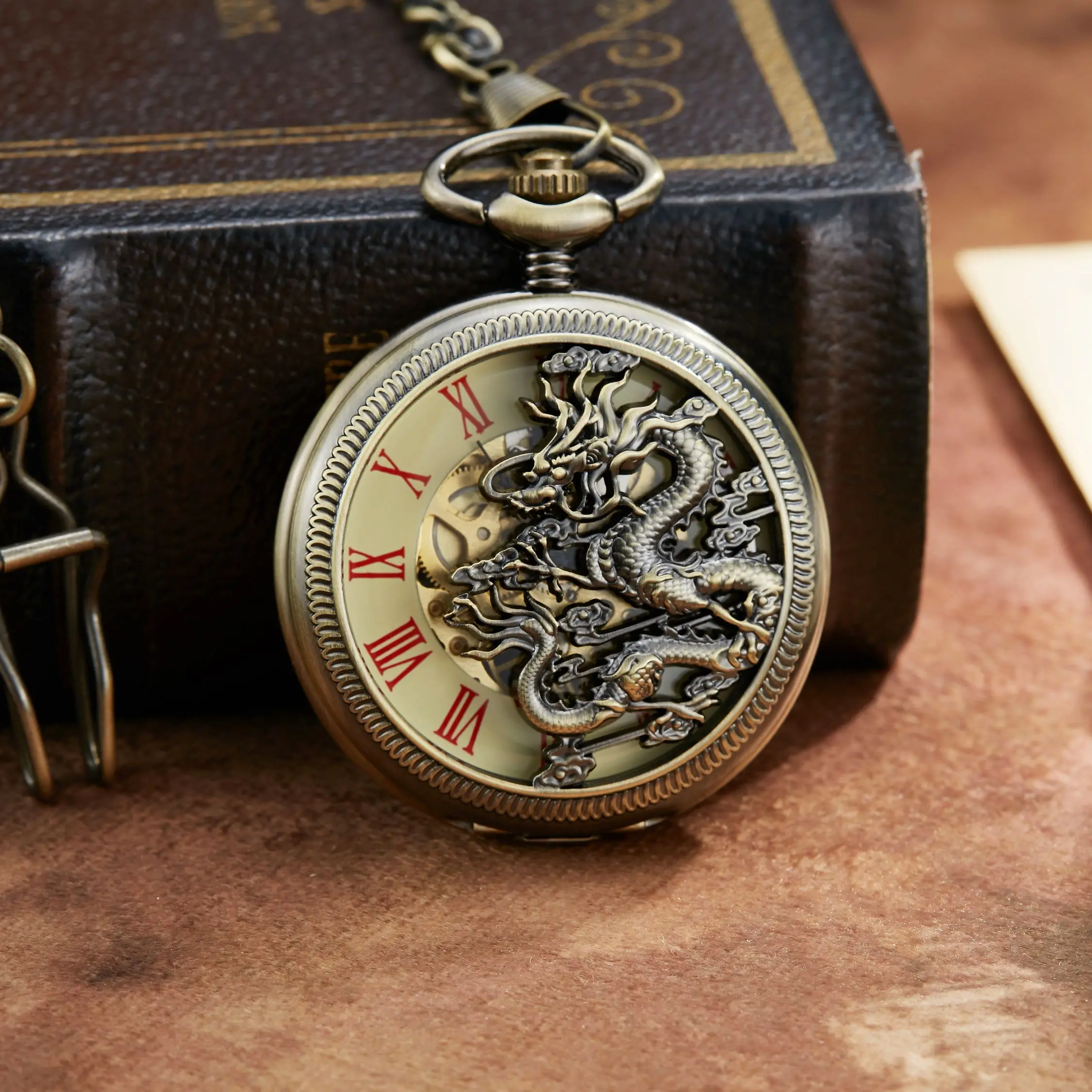 

Top Retro Mechanical Pocket Watch Dragon Play Ball Steampunk Clock Fob Watch With Chain Double Hunter 2023 Luxury Gift