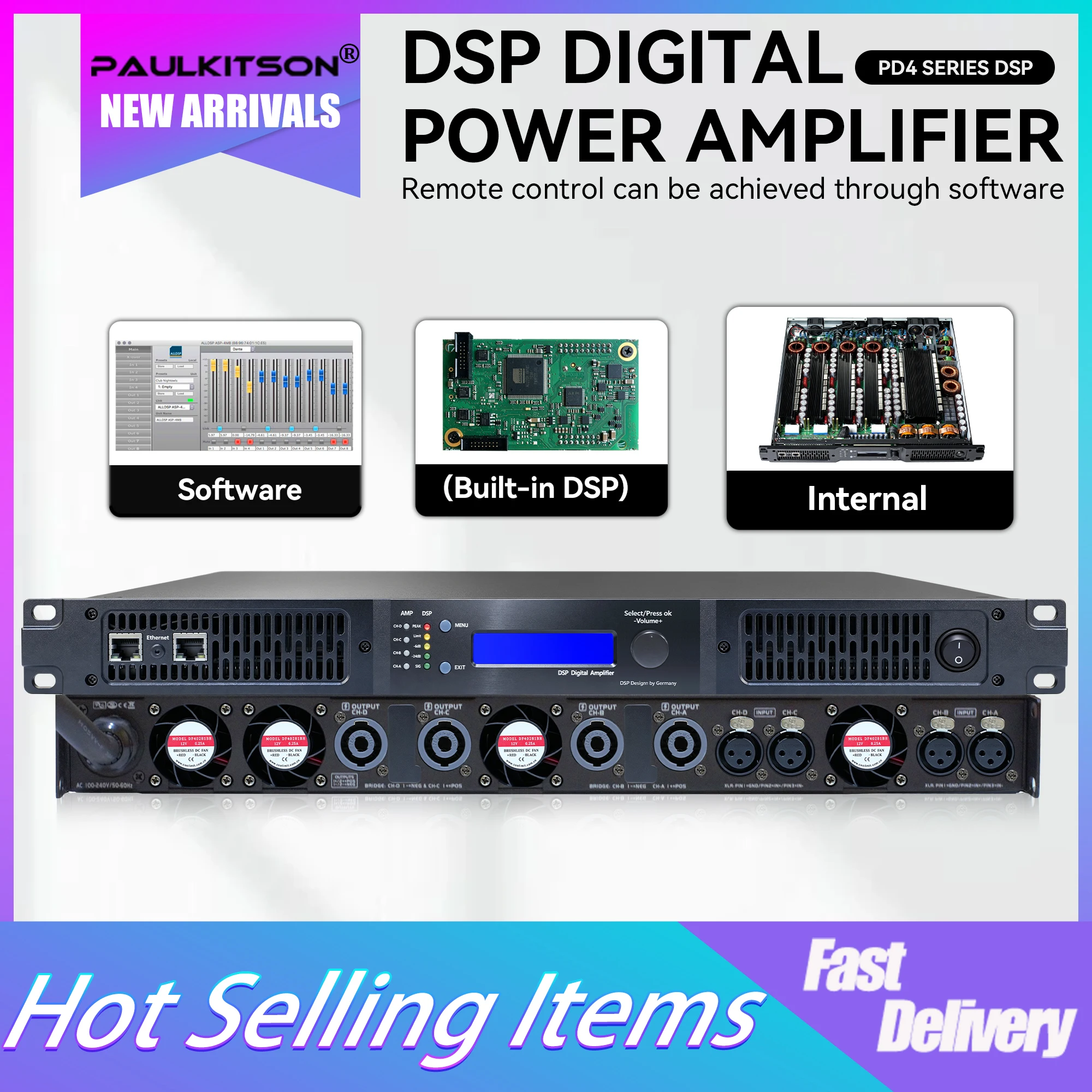 Paulkitson PD4 Series 4 Channel DSP Digital Power Amplifier Built-in DSP Software Remote Control 1U Rack Mount Stage Amp for DJ