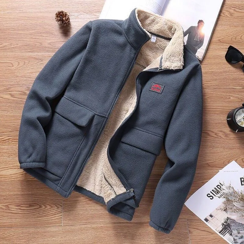 Thick Warm Lamb Fleece Jacket Men's Winter Casual Loose Sports Cardigan Men Large Size Solid Color Jackets 5XL Zip Up Sweatshirt