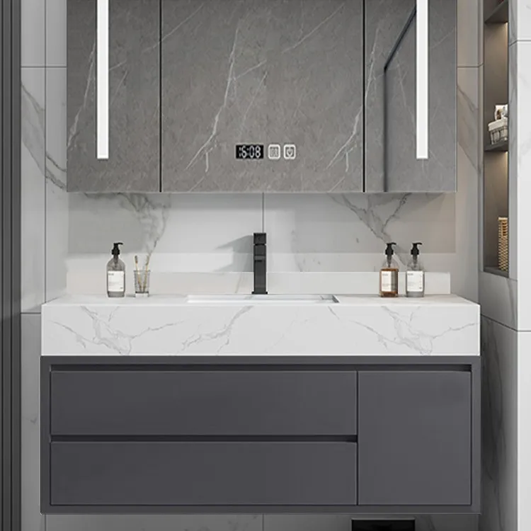 Light Luxury Rock Slab Seamless Integrated Basin Smart Bathroom Cabinet Combination Paint-free Solid Wood Bathroom Set Wash Tabl