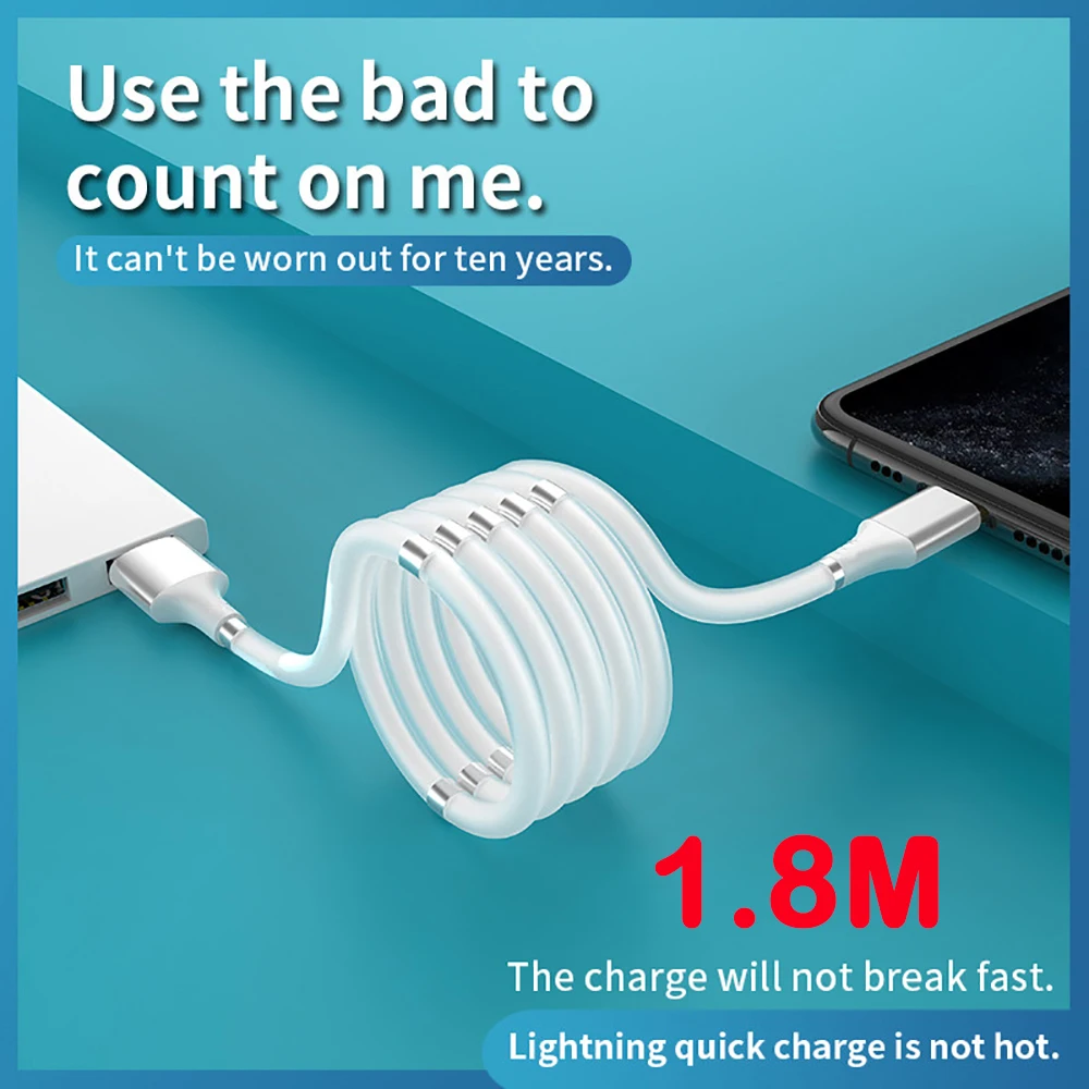 

1.8M Fast Charging Data Transmission Cord Magnetic Cable Self Winding USB C to Type C For Samsung Huawei Lightning Android Phone