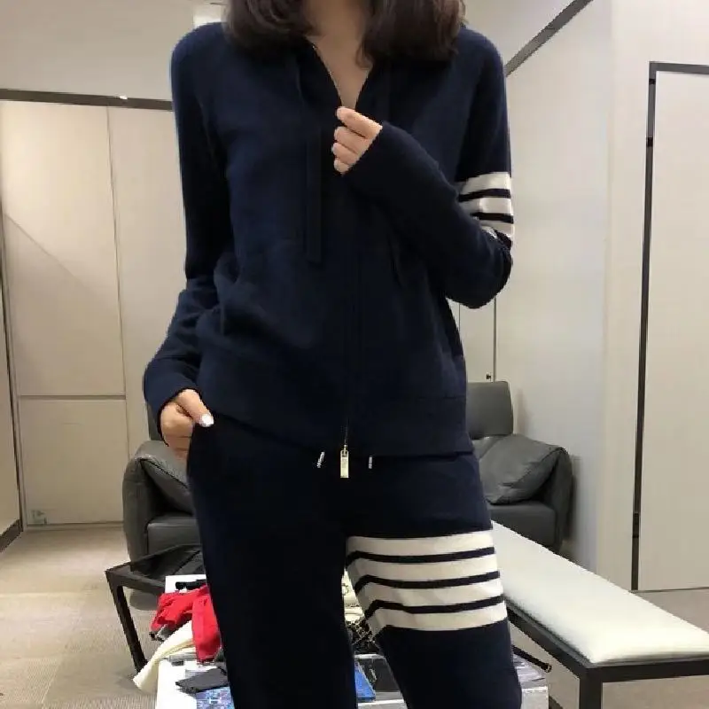 2024 New Cashmere Cardigans and trousers Women Two piece set Loose Hooded Cardigans Classic Sweater Coat Two piece set