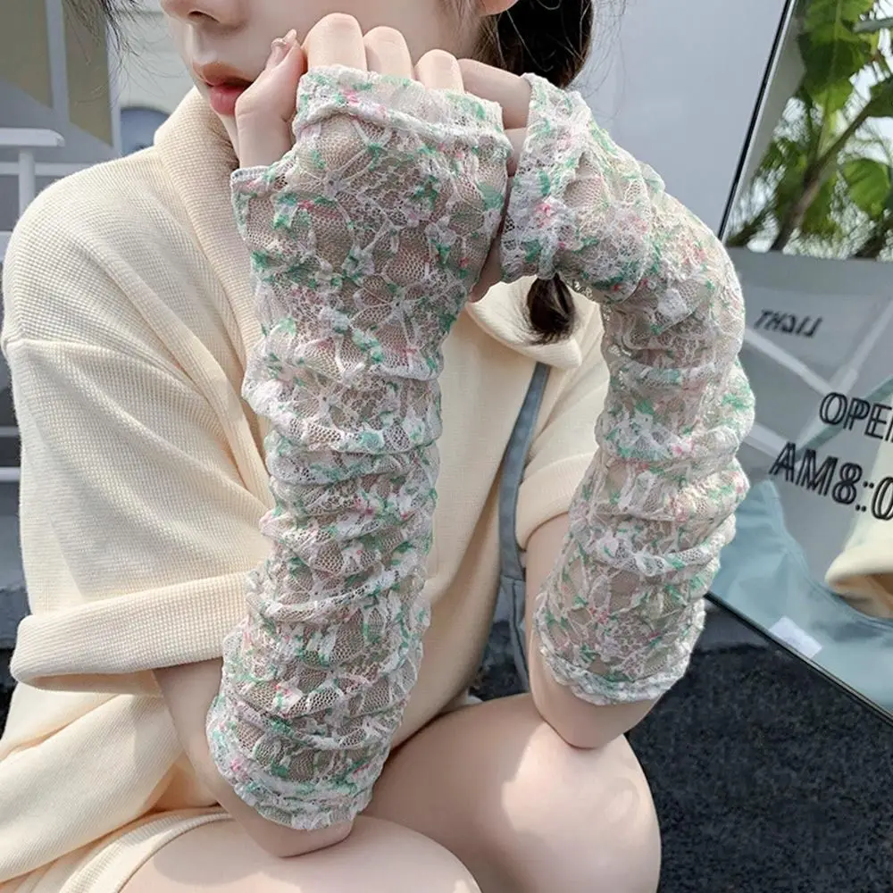 4 Colors Lace Hollow-Out Long Gloves Women Summer Sun Protection Arm Sleeves Mesh Thin Cycling Mittens