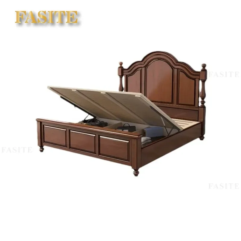 European Log Style Solid Wood Platform Bed 1.5m Double Bedroom Furniture American Country Rustic High Box Storage Frame