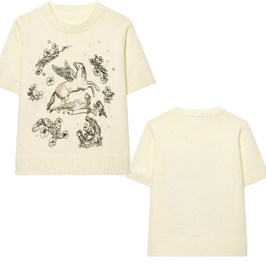 

Maxdutti 2026 Summer T-shirt Women Fashion Elegant Knitted Horse Print T-shirt Woman Clothes Female Clothing