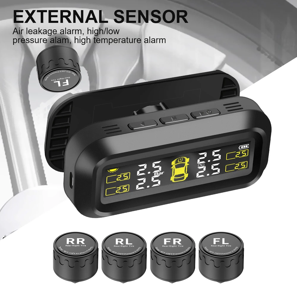 Sensores TPMS para coche, sistema de supervisión de presión de neumáticos, diagnóstico de ordenador a bordo, Solar/USB t